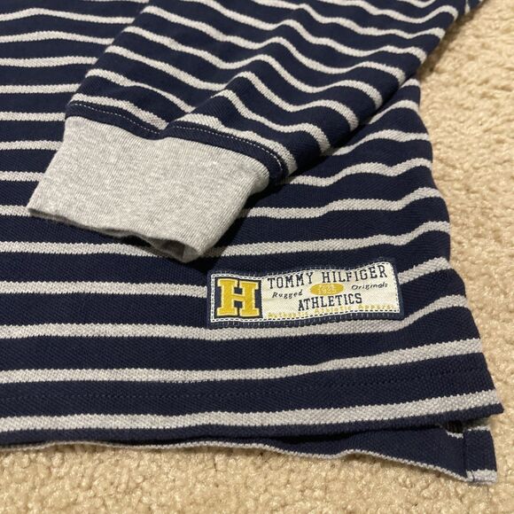 Vtg 90s Tommy Hilfiger Athletics Flag Striped Polo Rugby Shirt L Sport Navy Gold - Picture 3 of 9